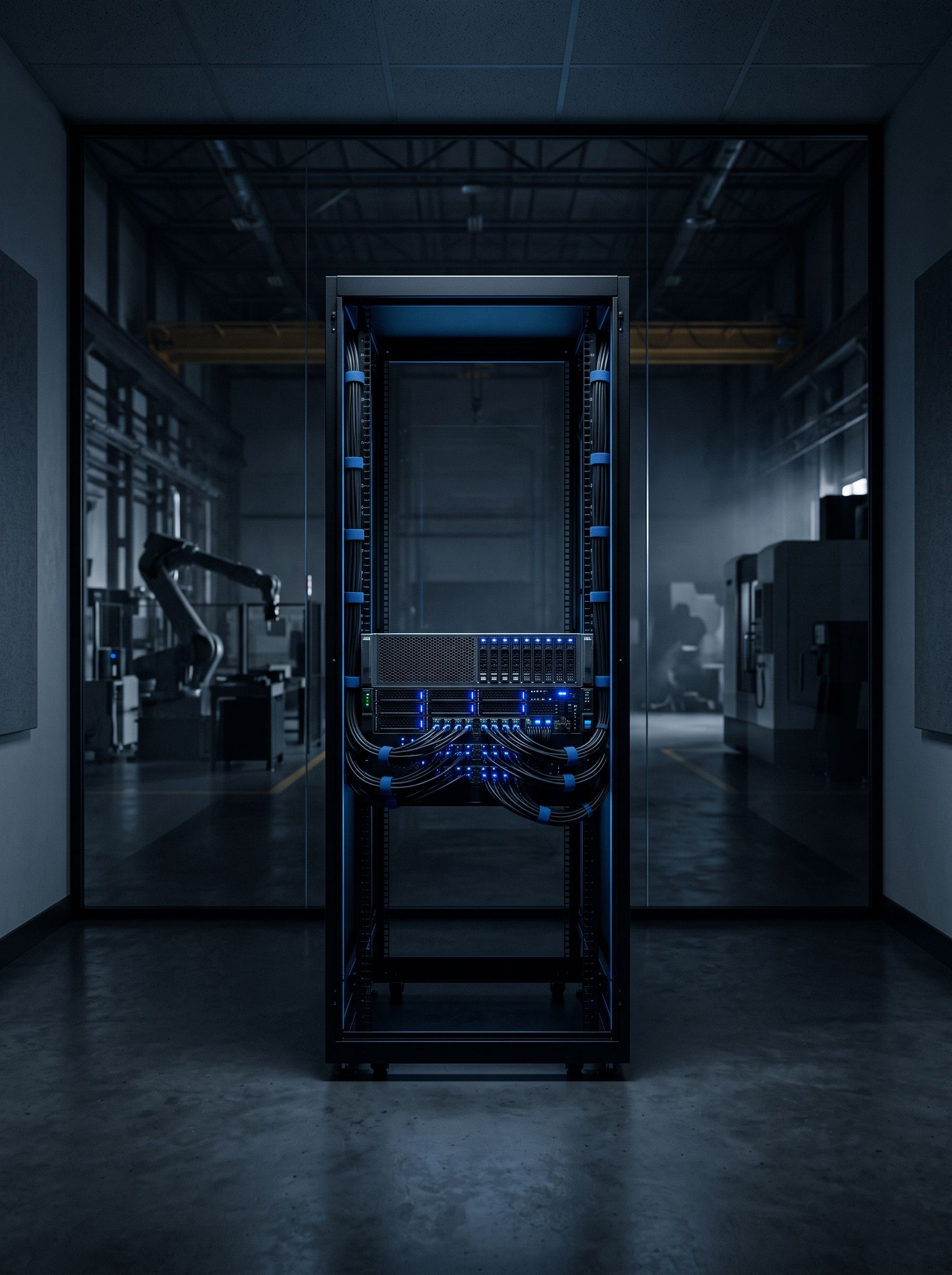 Offener Serverschrank mit GPU-Server und blau leuchtenden Statusanzeigen. Dahinter, durch eine Glaswand, die Fertigungshalle mit Roboterarm und CNC-Maschinen.