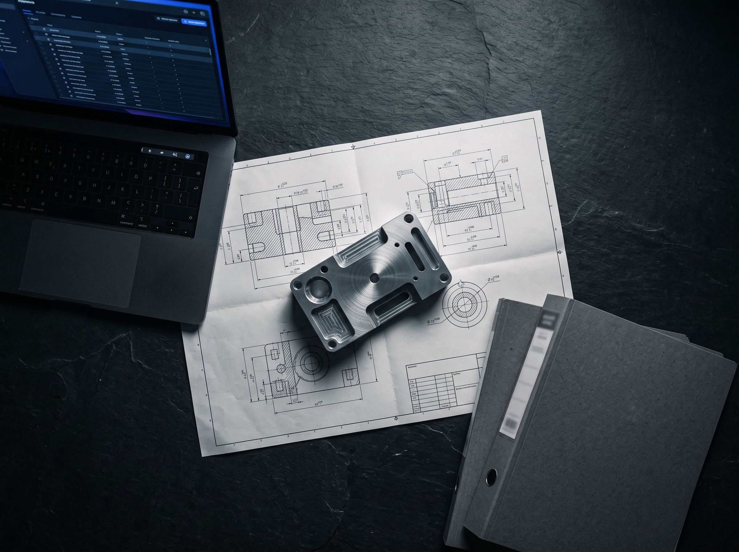 Draufsicht auf einen Schreibtisch: technische Zeichnung mit einem gefrästen Aluminiumteil, daneben ein Laptop mit Positionsliste und Archivordner.
