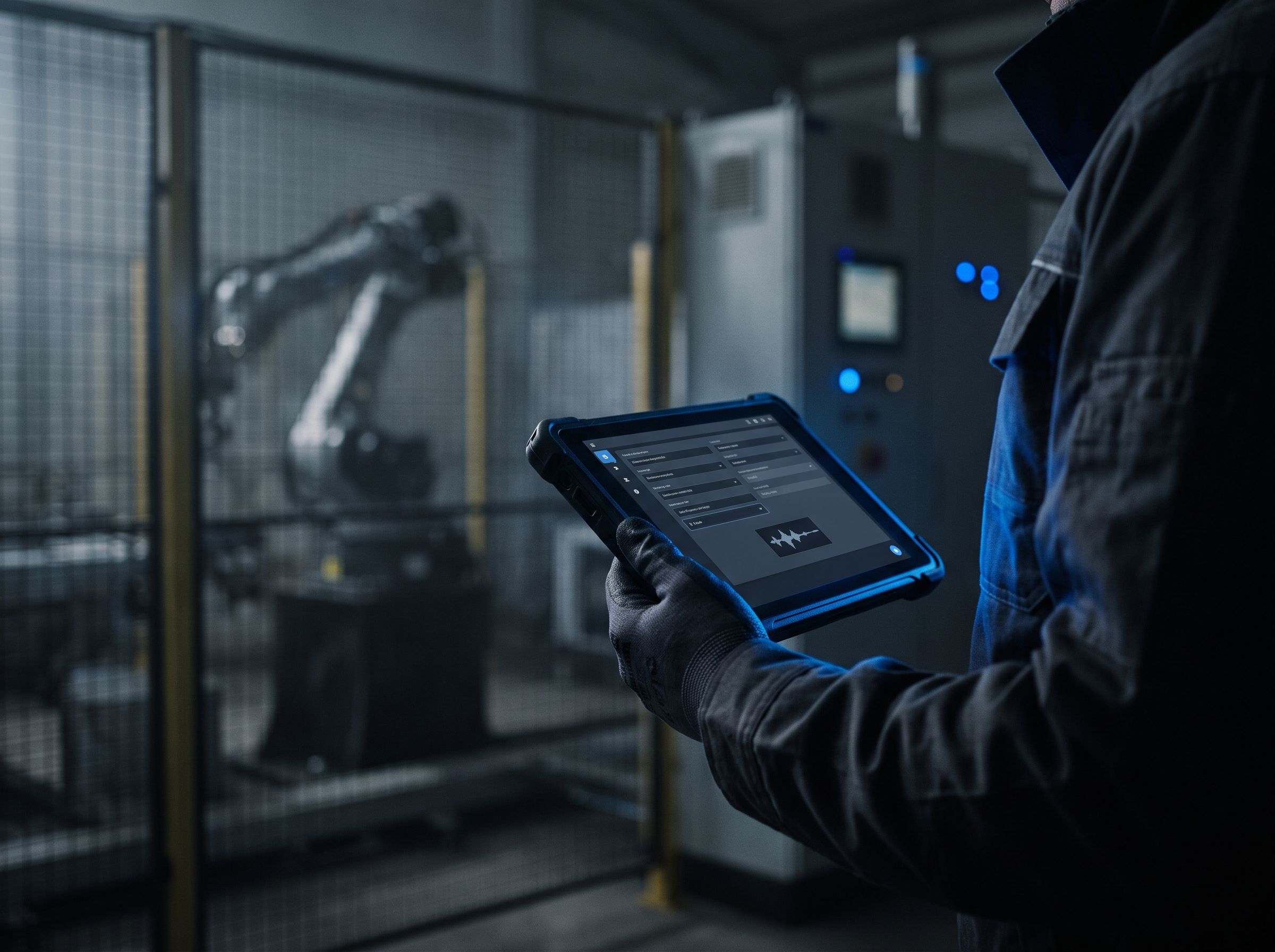 Servicetechniker mit Arbeitshandschuhen hält ein robustes Tablet mit Berichtsmaske und Diktatfunktion, im Hintergrund eine Roboterzelle hinter Schutzzaun.
